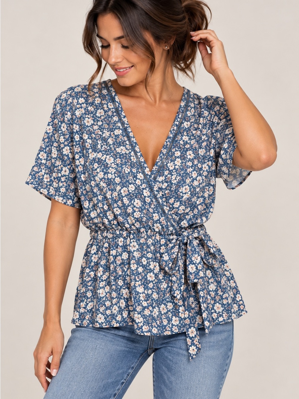 Sienna Sky Blue Floral Wrap Blouse with Faux Elastic Tie Waist Size Medium